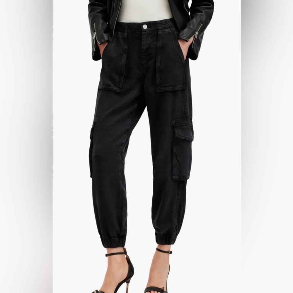 AllSaints Frieda Denim Cargo Trouser Size 4 in Washed Navy Black